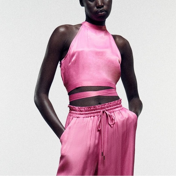 Zara Pink Satin Cropped Top - Picture 2 of 5